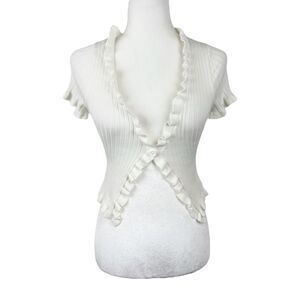 Divided H&M Sweater Women Extra Small White Knit Ruffled Cardigan S/S Cropped